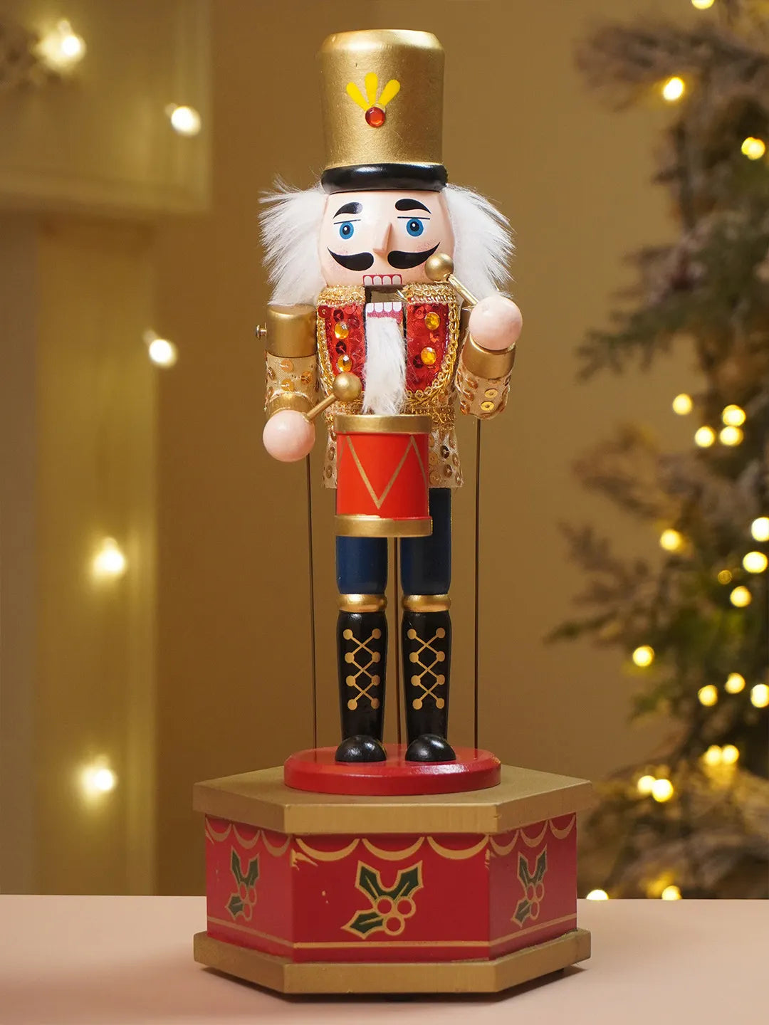 13 Inches Musical Gold Wooden Drummer Nutcracker, Christmas Table Décor,