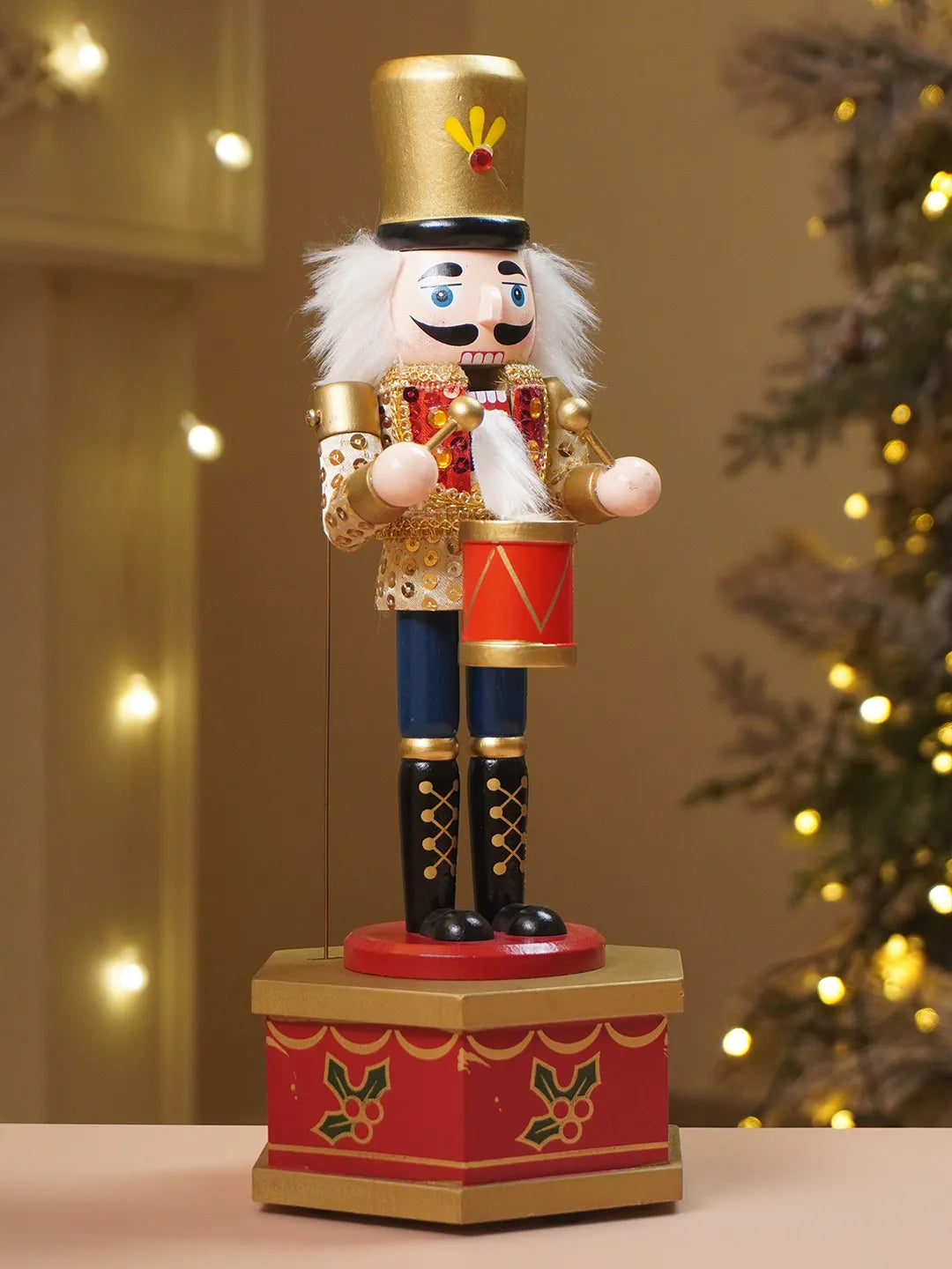13 Inches Musical Gold Wooden Drummer Nutcracker, Christmas Table Décor,