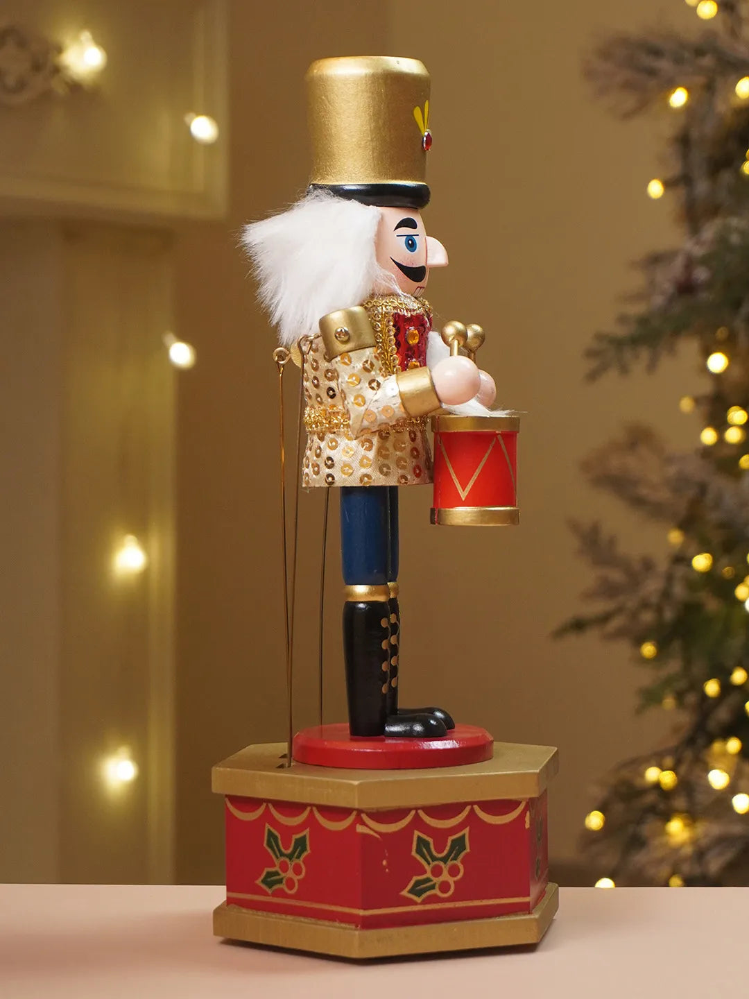 13 Inches Musical Gold Wooden Drummer Nutcracker, Christmas Table Décor,
