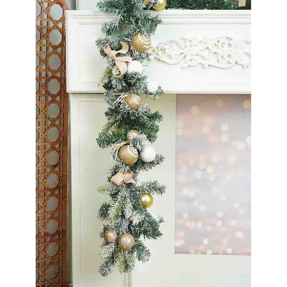 Gold & White Swirl themed  Bushy Christmas garland with Bows,Gift Boxes,Cotton flower fillers,6.5 feet