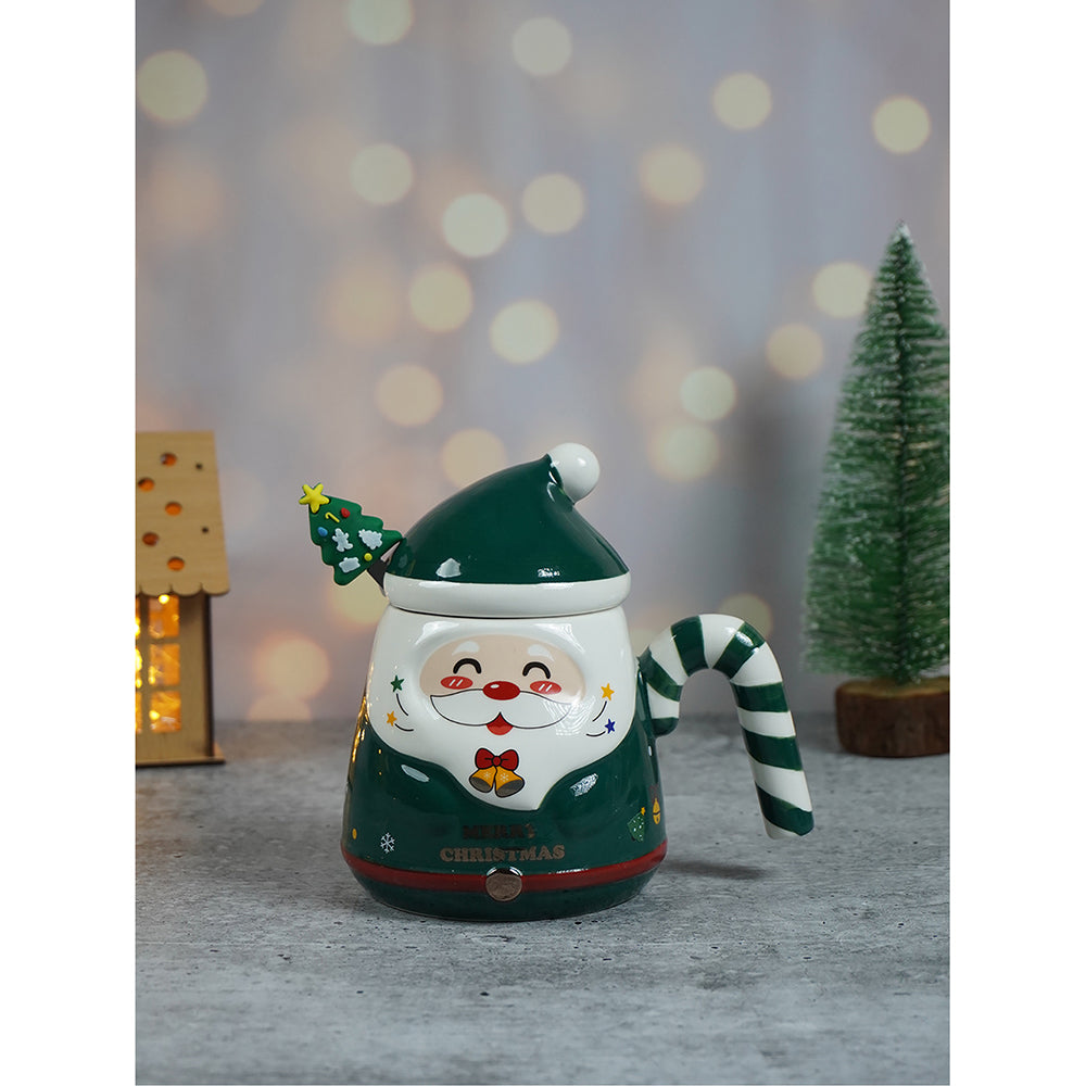 Green Santa Candy Cane Handle Ceramic Christmas Coffee Mug with lid and tree embellished Stainless Steel Spoon