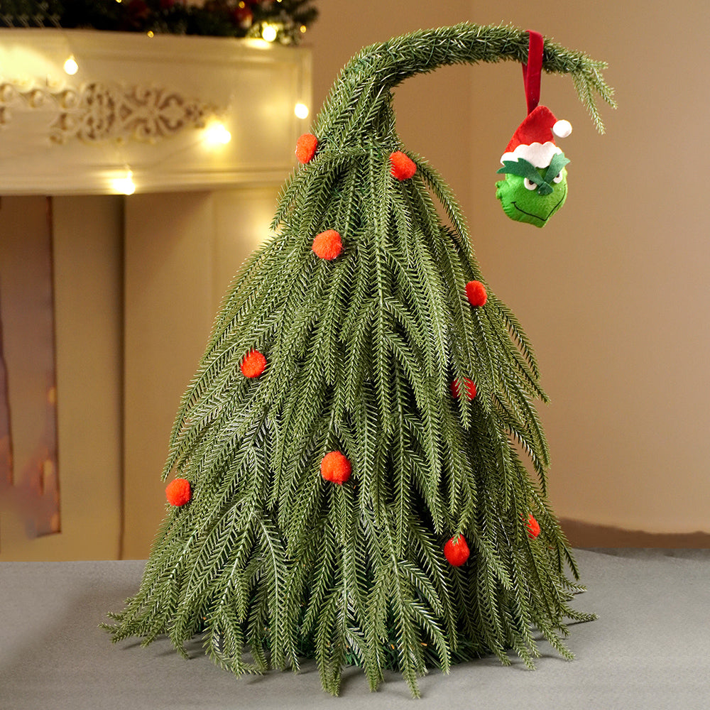 Grinch Inspired Tabletop Christmas Tree with Free Grinch Ornament and red pompoms for XMAS table décor, 20.4 inches