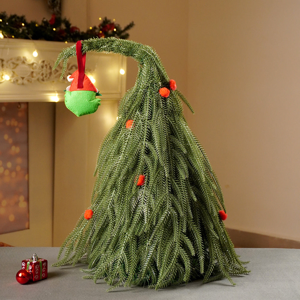 Grinch Inspired Tabletop Christmas Tree with Free Grinch Ornament and red pompoms for XMAS table décor, 20.4 inches