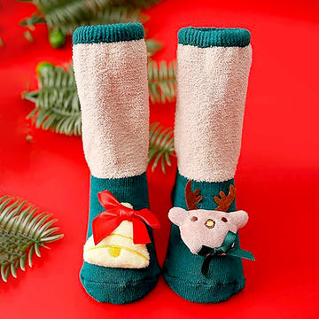 Green Reindeer & Bell Christmas Themed Ankle Length Socks For Kids