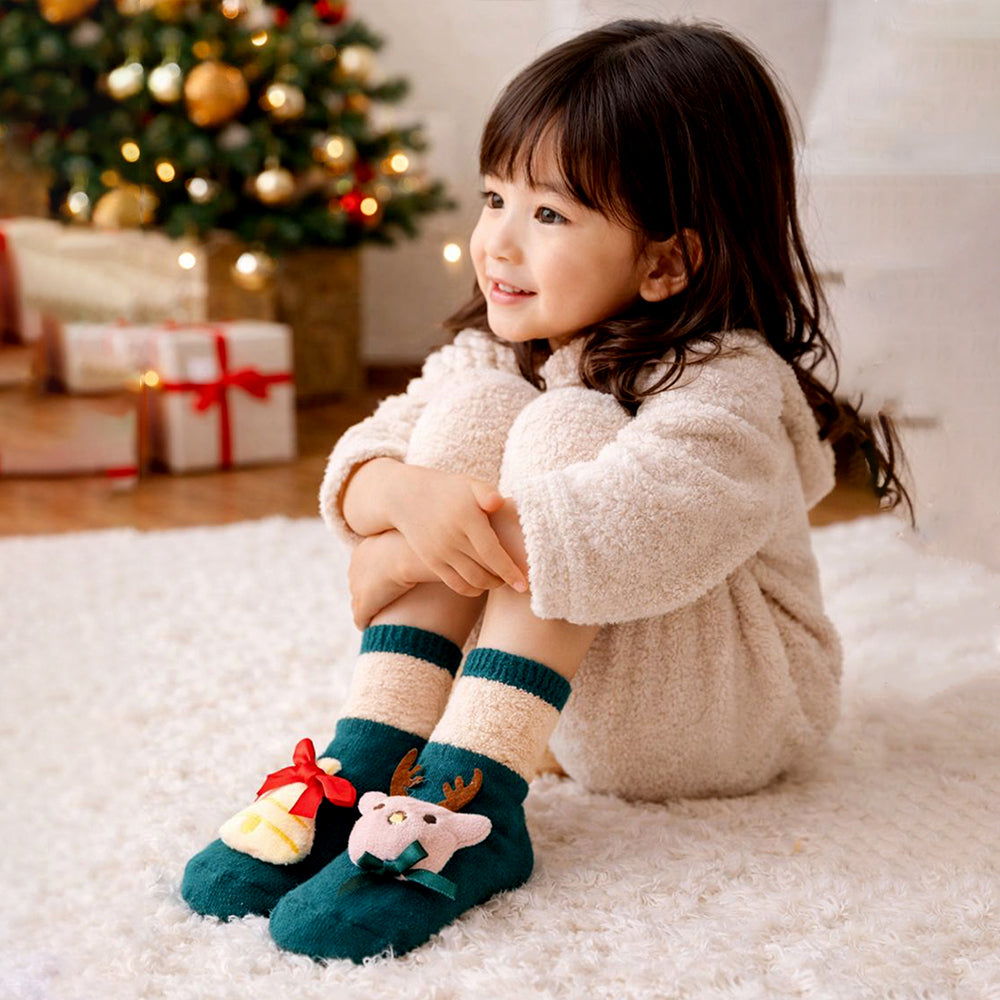 Green Reindeer & Bell Christmas Themed Ankle Length Socks For Kids