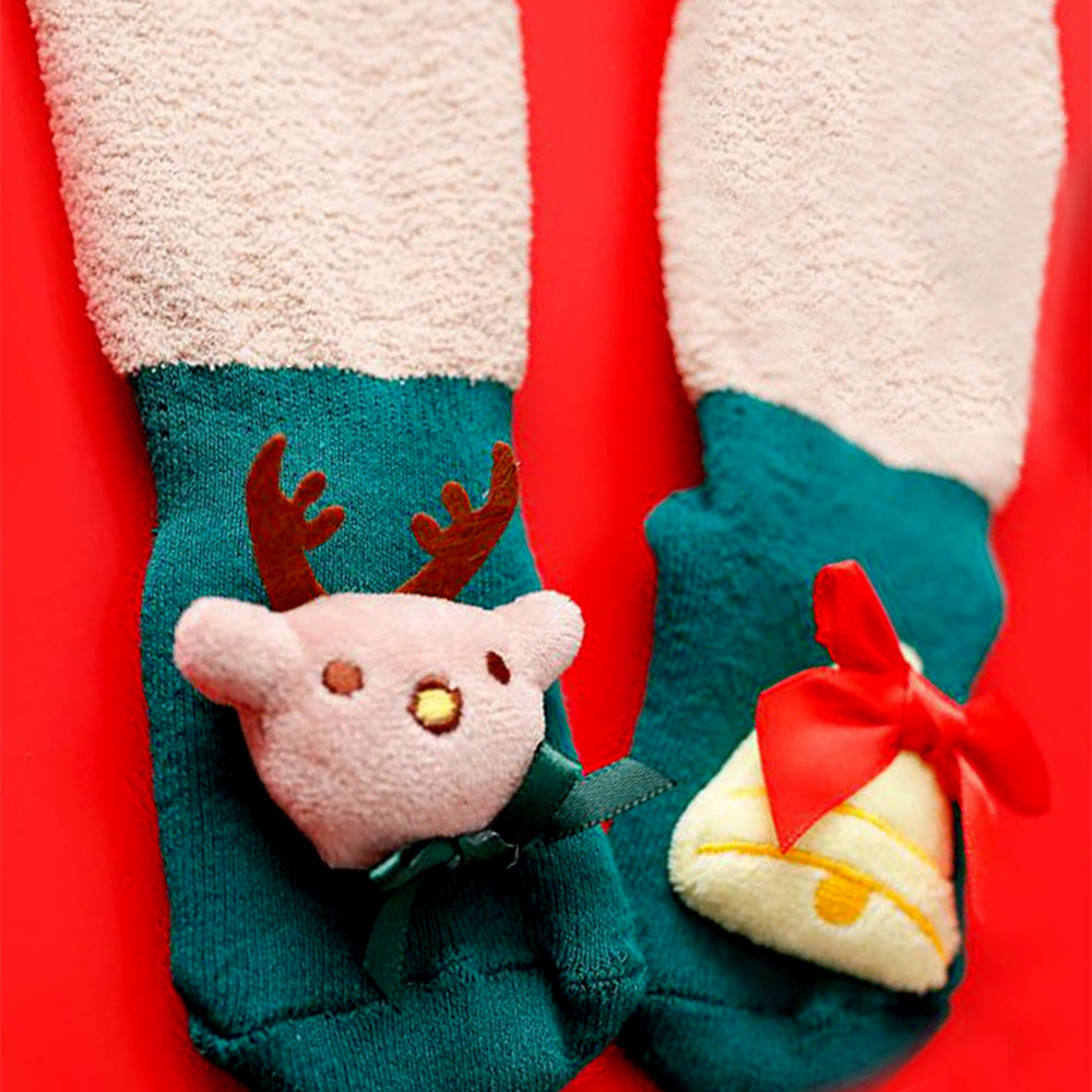 Green Reindeer & Bell Christmas Themed Ankle Length Socks For Kids