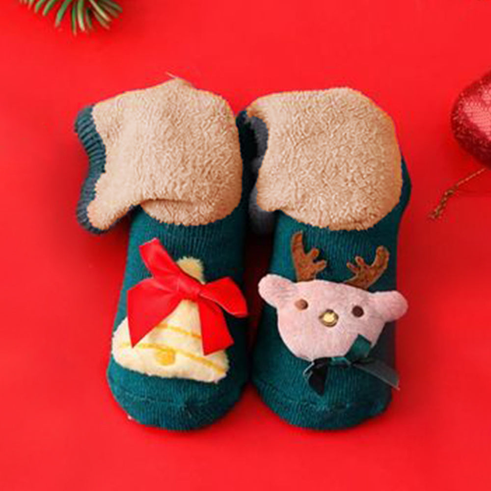Green Reindeer & Bell Christmas Themed Ankle Length Socks For Kids