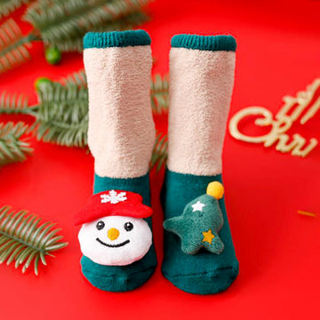 Green Snowman & Tree Christmas Themed Ankle Length Socks For Kids
