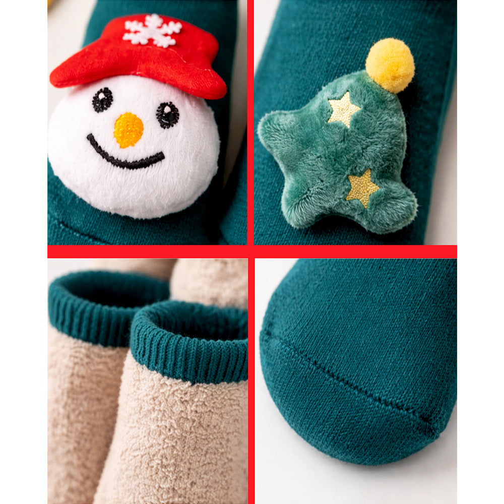 Green Snowman & Tree Christmas Themed Ankle Length Socks For Kids