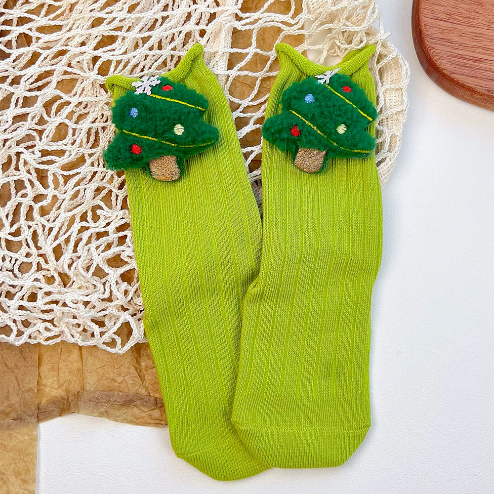 Green 3D Dear & Stockings Christmas Themed Ankle Length Socks For Kids