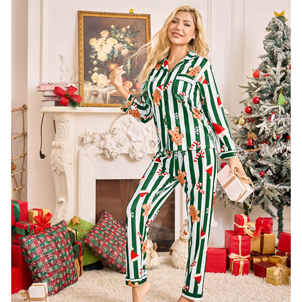 Green Gingerman Christmas Printed Nightsuit Set for Adults, Unisex