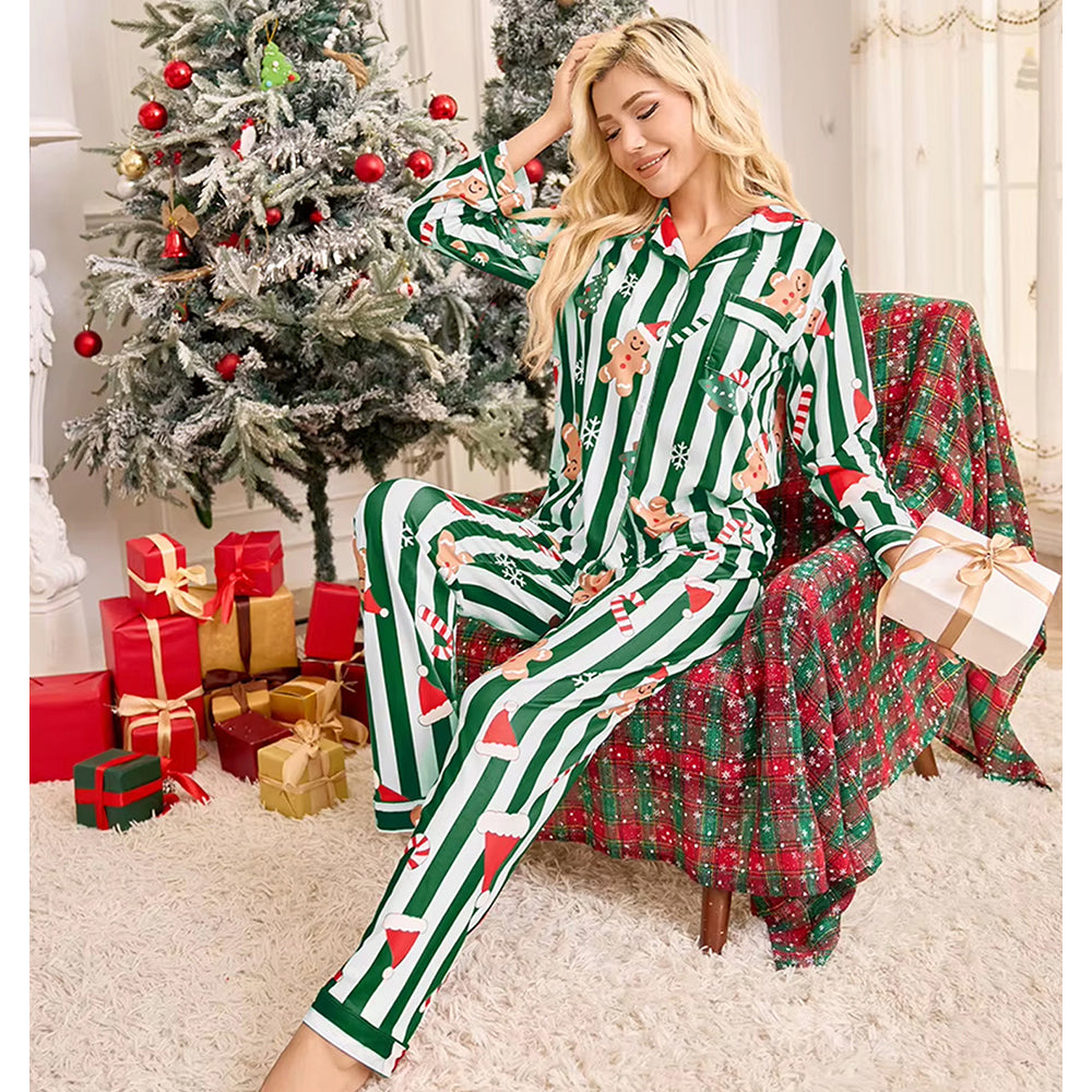 Green Gingerman Christmas Printed Nightsuit Set for Adults, Unisex