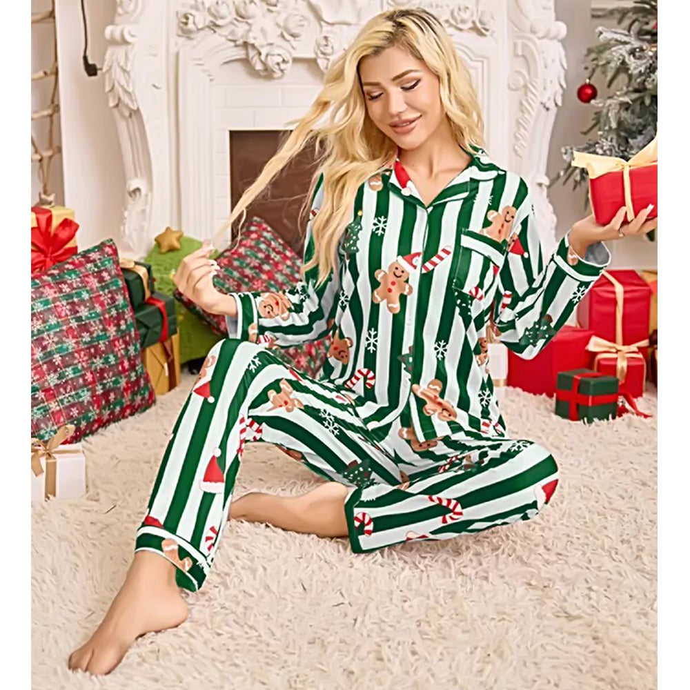 Green Gingerman Christmas Printed Nightsuit Set for Adults, Unisex