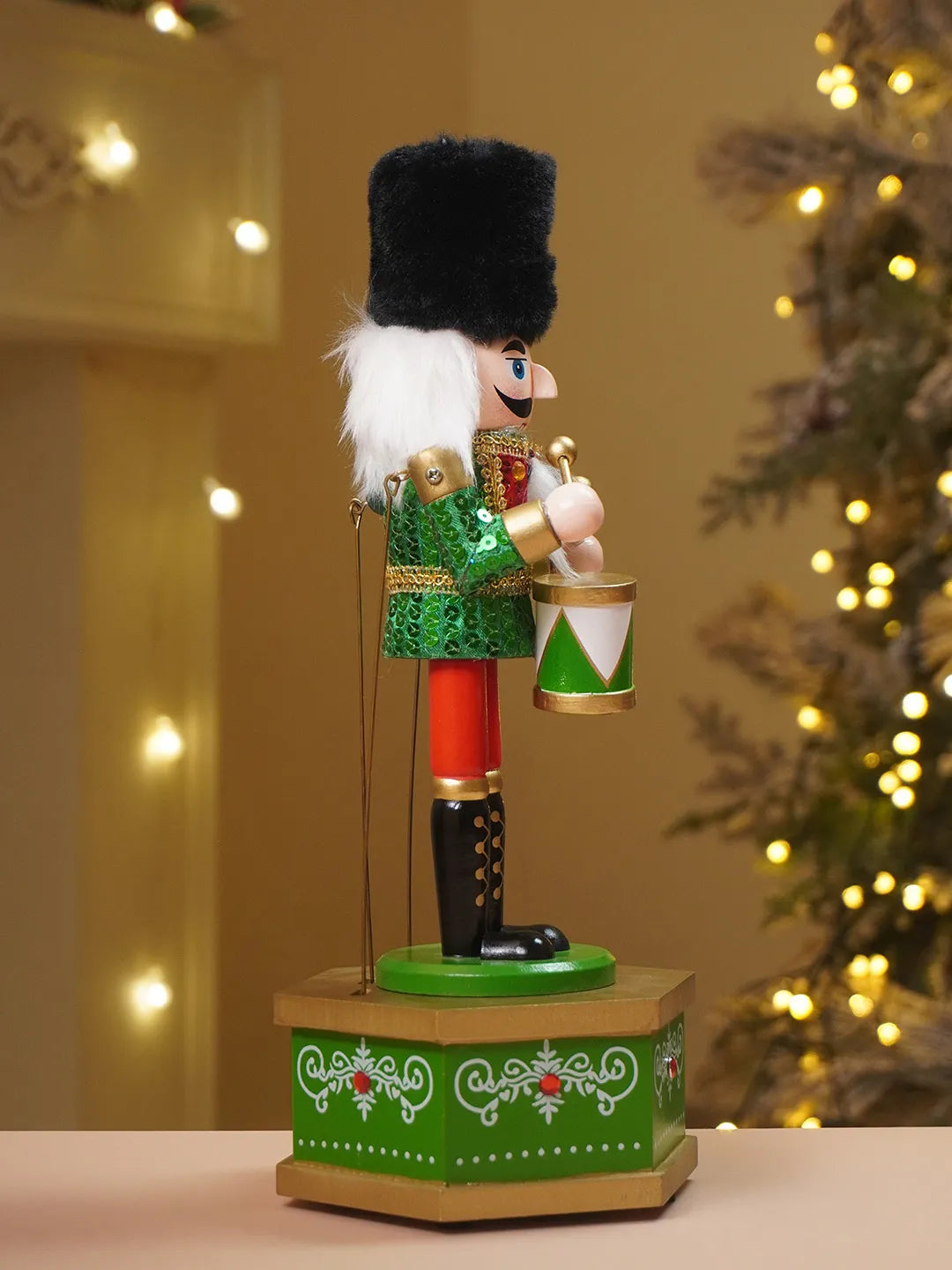 13 Inches Musical Green Wooden Drummer Nutcracker, Christmas Table Décor
