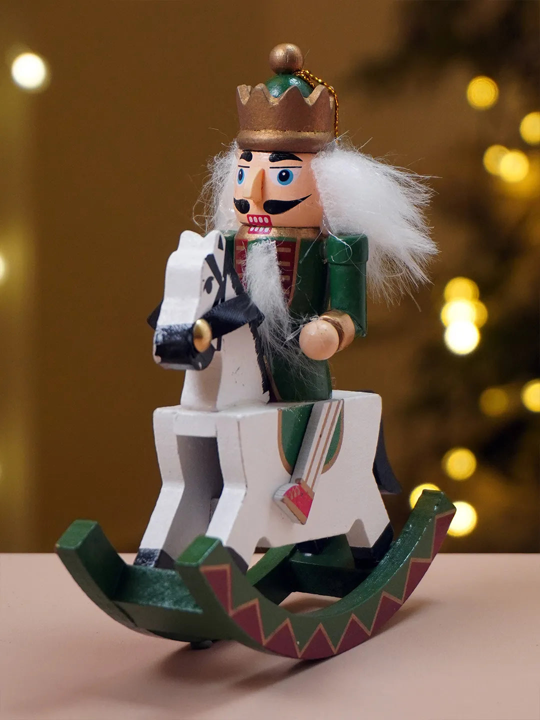Royal Green Wooden Nutcracker on Rocking Horse, Christmas Table Decor & Tree Ornament, 5.45 inches ht