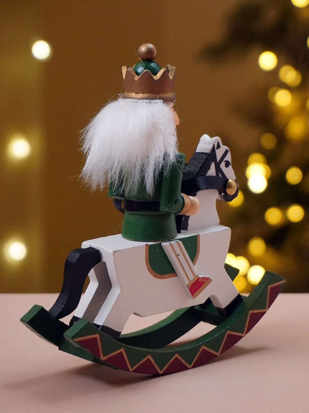 Royal Green Wooden Nutcracker on Rocking Horse, Christmas Table Decor & Tree Ornament, 5.45 inches ht