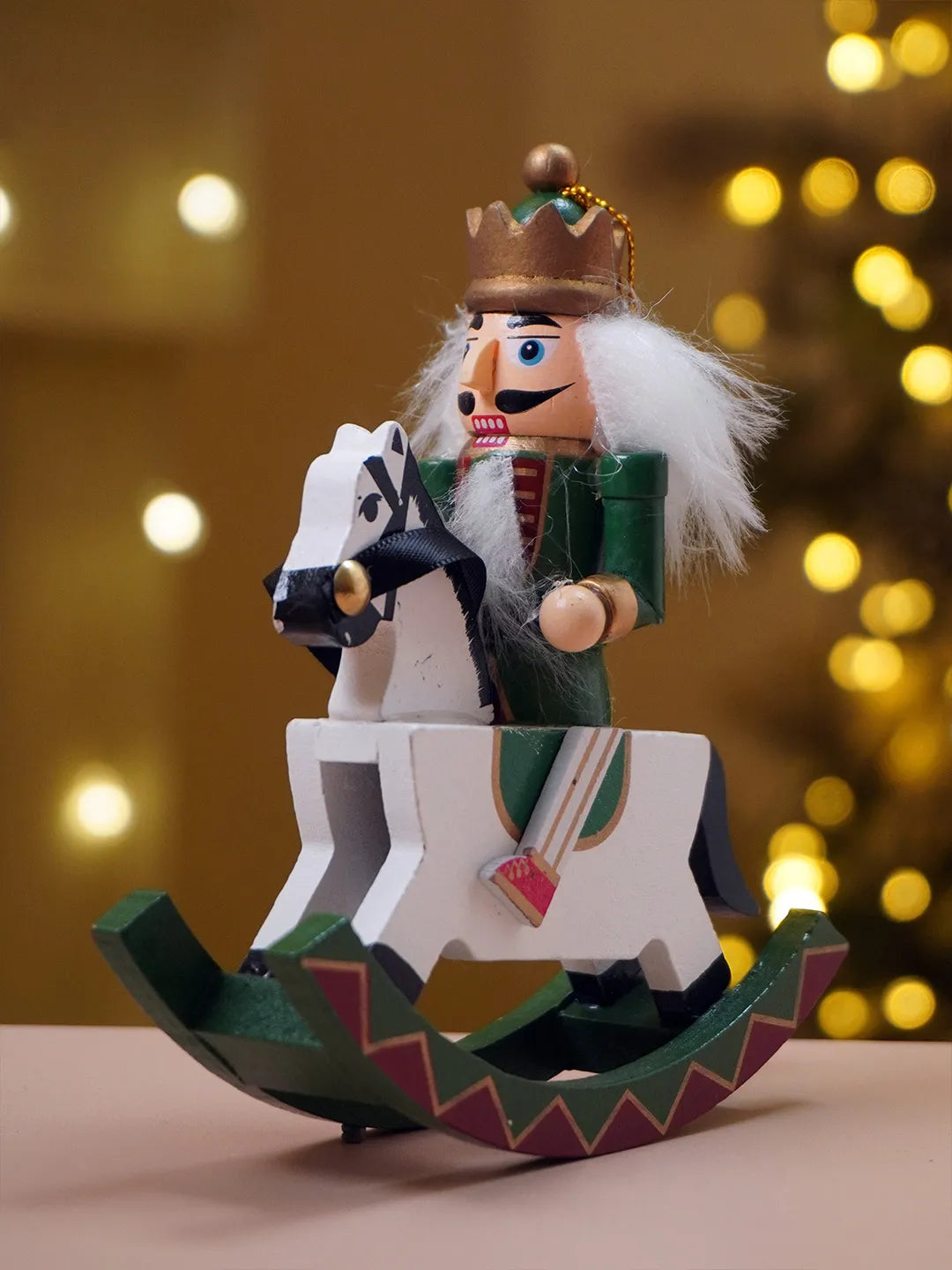 Royal Green Wooden Nutcracker on Rocking Horse, Christmas Table Decor & Tree Ornament, 5.45 inches ht