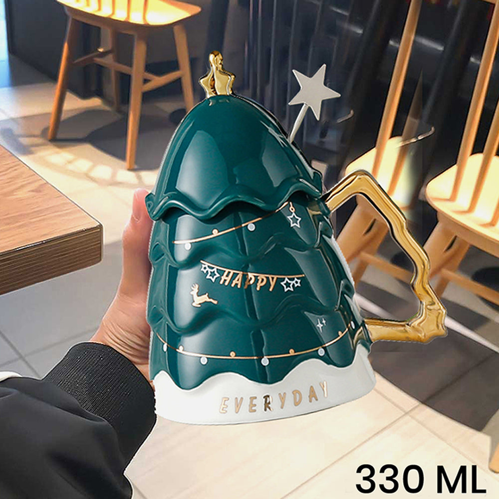 Christmas Ceramic Coffee and Hot Chocolate Mug - Green Christmas Tree style Cup with Matching Ceramic Lid and embellished Spoon,330 ml