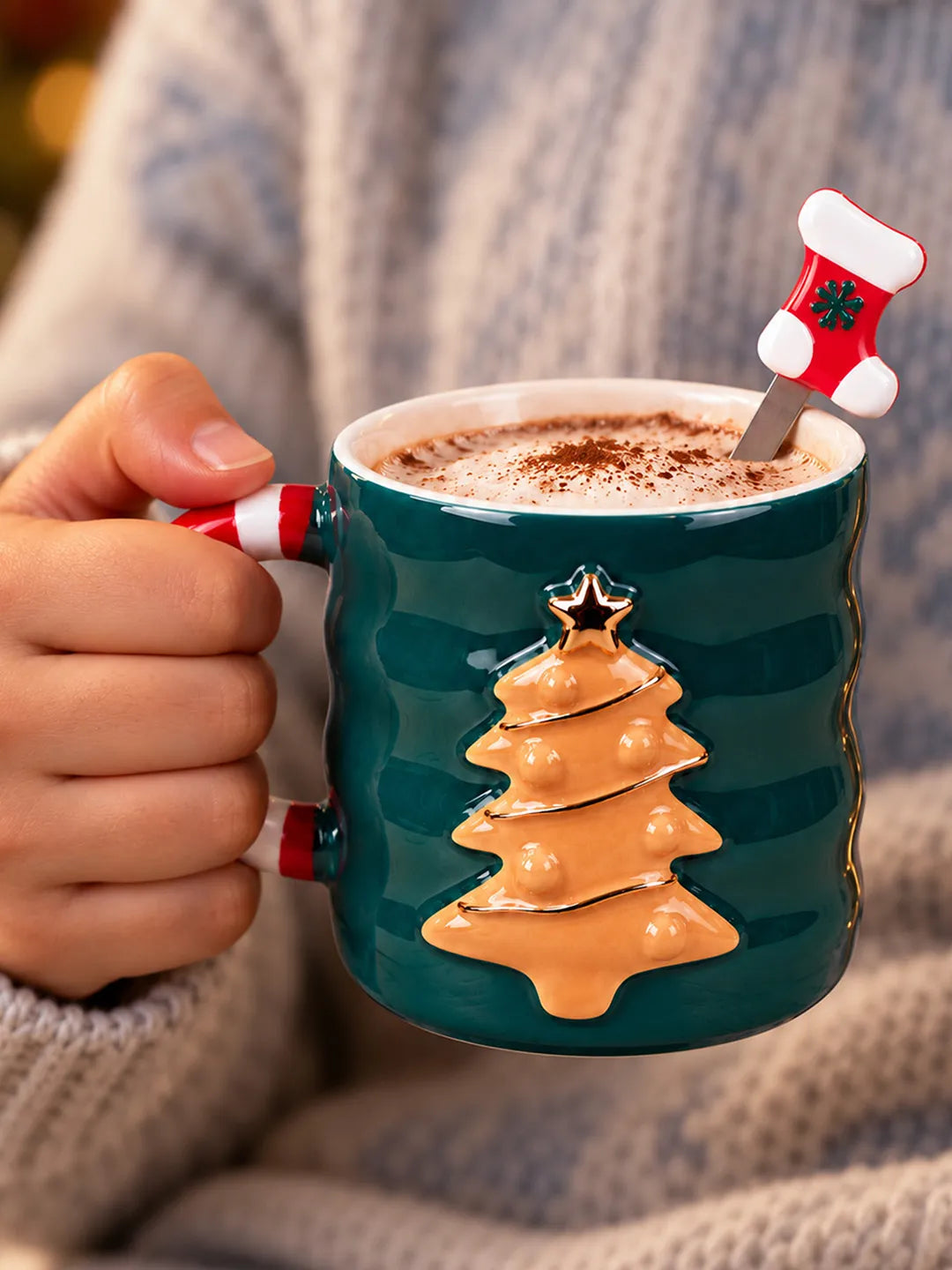 Green Christmas Tree Ceramic Hot Chocolate and Coffee Christmas Mug with 3D Spoon