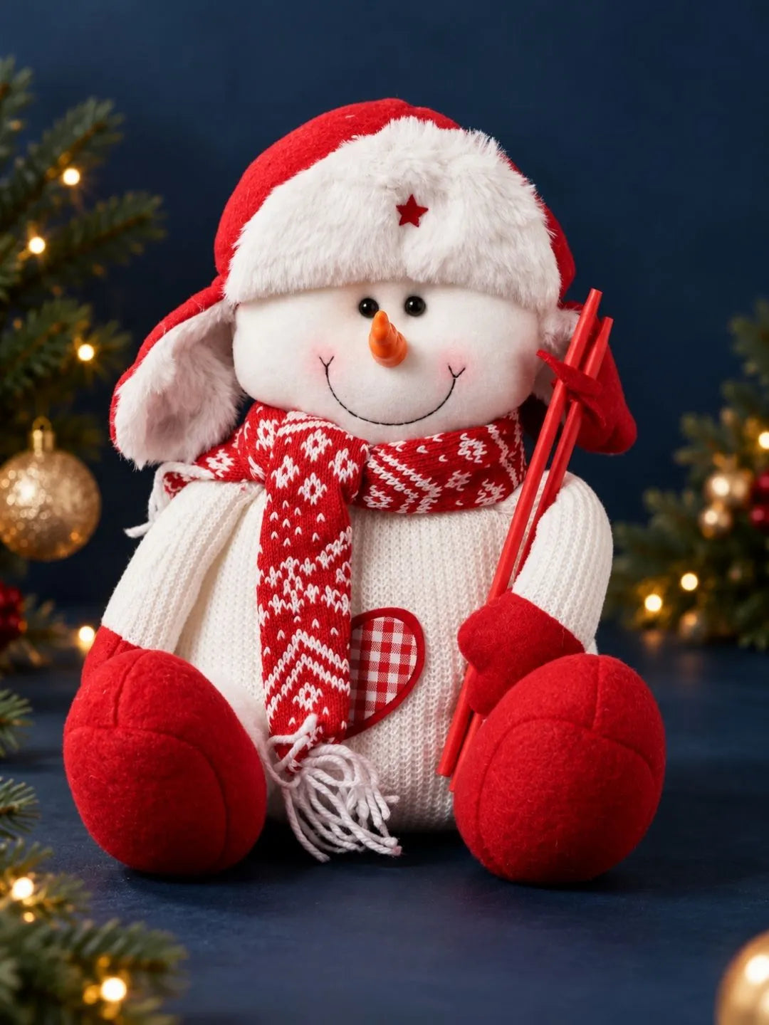 Red & White Woolen Heart Snowman Christmas Gift & Soft Toy
