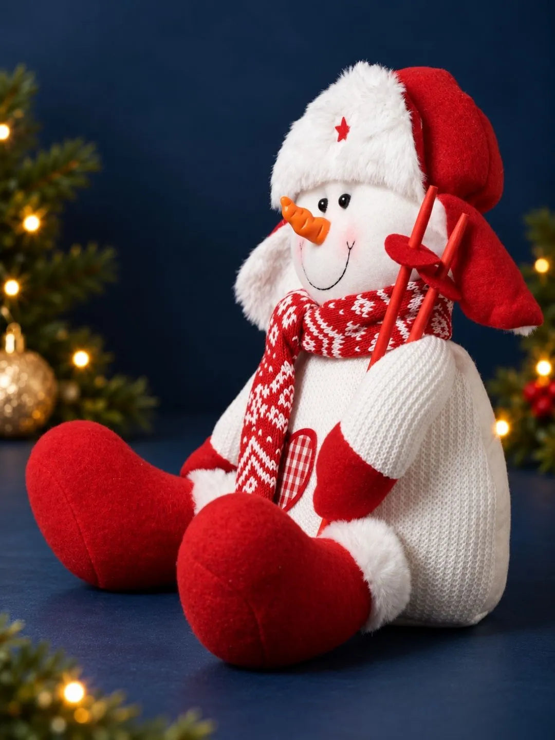 Red & White Woolen Heart Snowman Christmas Gift & Soft Toy