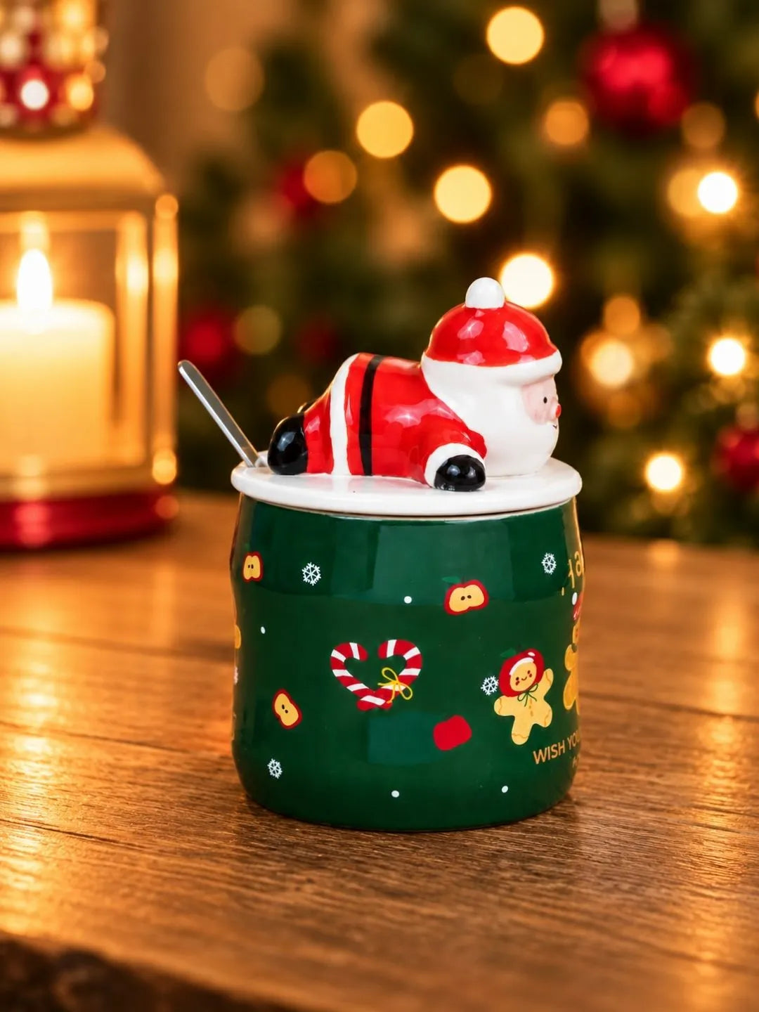 Green Gingerbread Ceramic Christmas Mug with 3D Lying Santa Lid & Spoon
