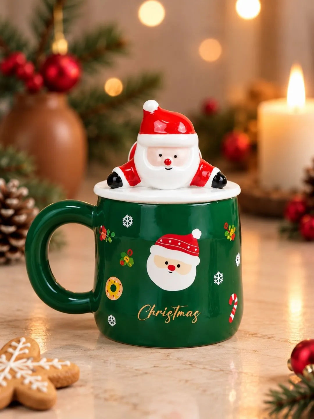 Green Santa Face Ceramic Hot Chocolate and Coffee Christmas Mug with 3D Lying Santa Lid & Spoon