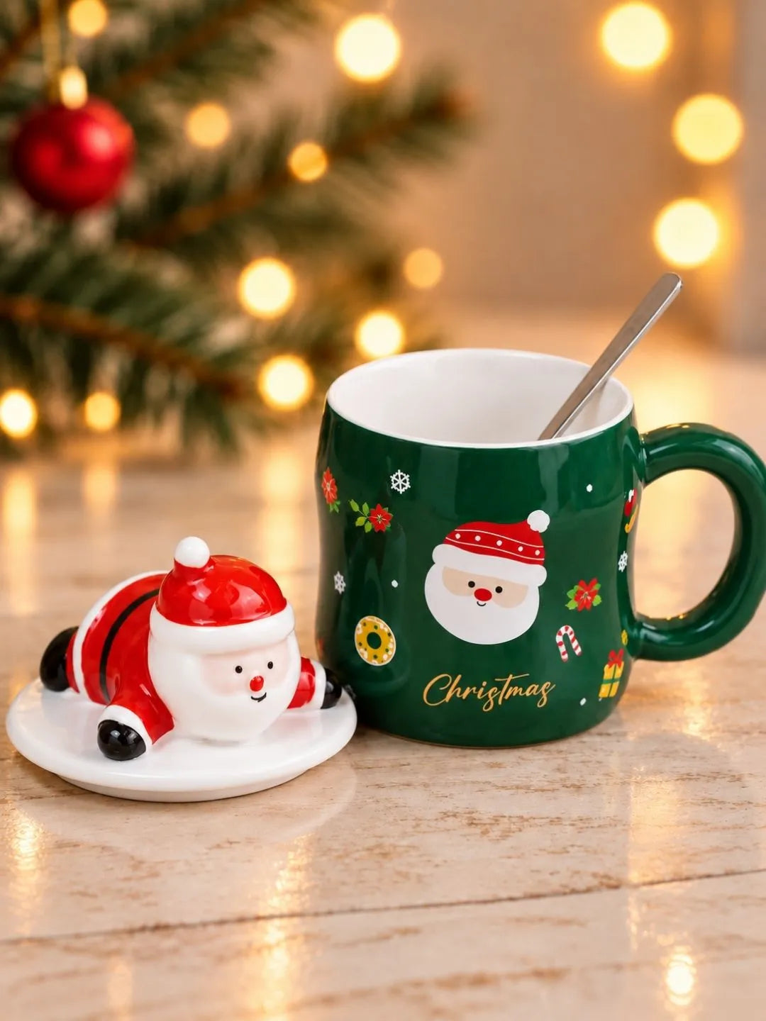 Green Santa Face Ceramic Hot Chocolate and Coffee Christmas Mug with 3D Lying Santa Lid & Spoon