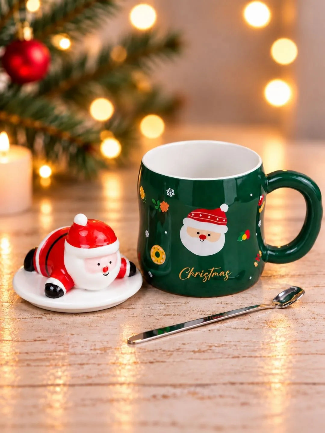 Green Santa Face Ceramic Hot Chocolate and Coffee Christmas Mug with 3D Lying Santa Lid & Spoon