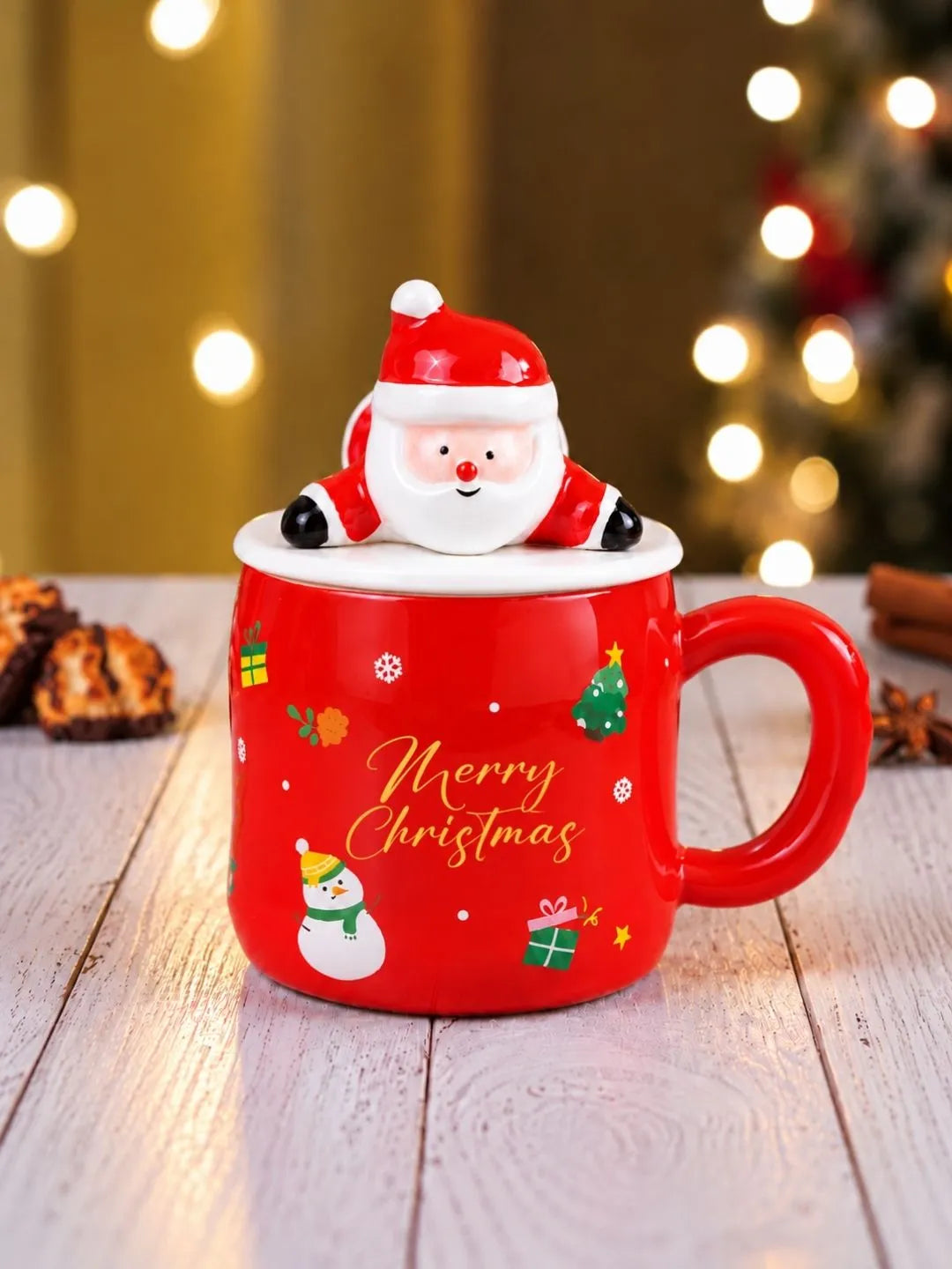 Merry Christmas Ceramic Hot Chocolate and Coffee Christmas Mug with 3D Lying Santa Lid & Spoon