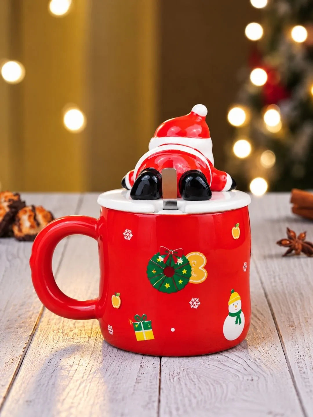 Merry Christmas Ceramic Hot Chocolate and Coffee Christmas Mug with 3D Lying Santa Lid & Spoon