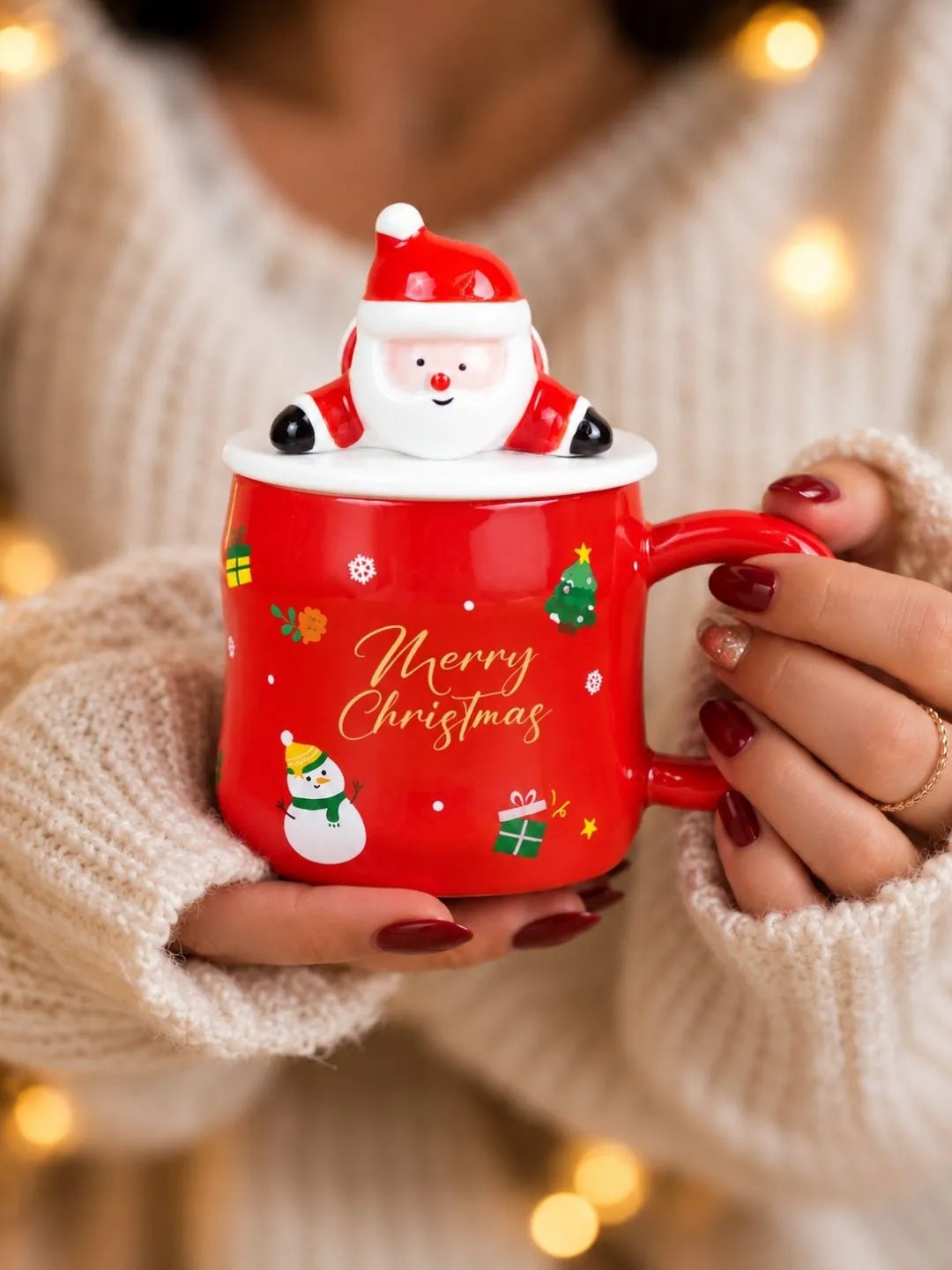 Merry Christmas Ceramic Hot Chocolate and Coffee Christmas Mug with 3D Lying Santa Lid & Spoon