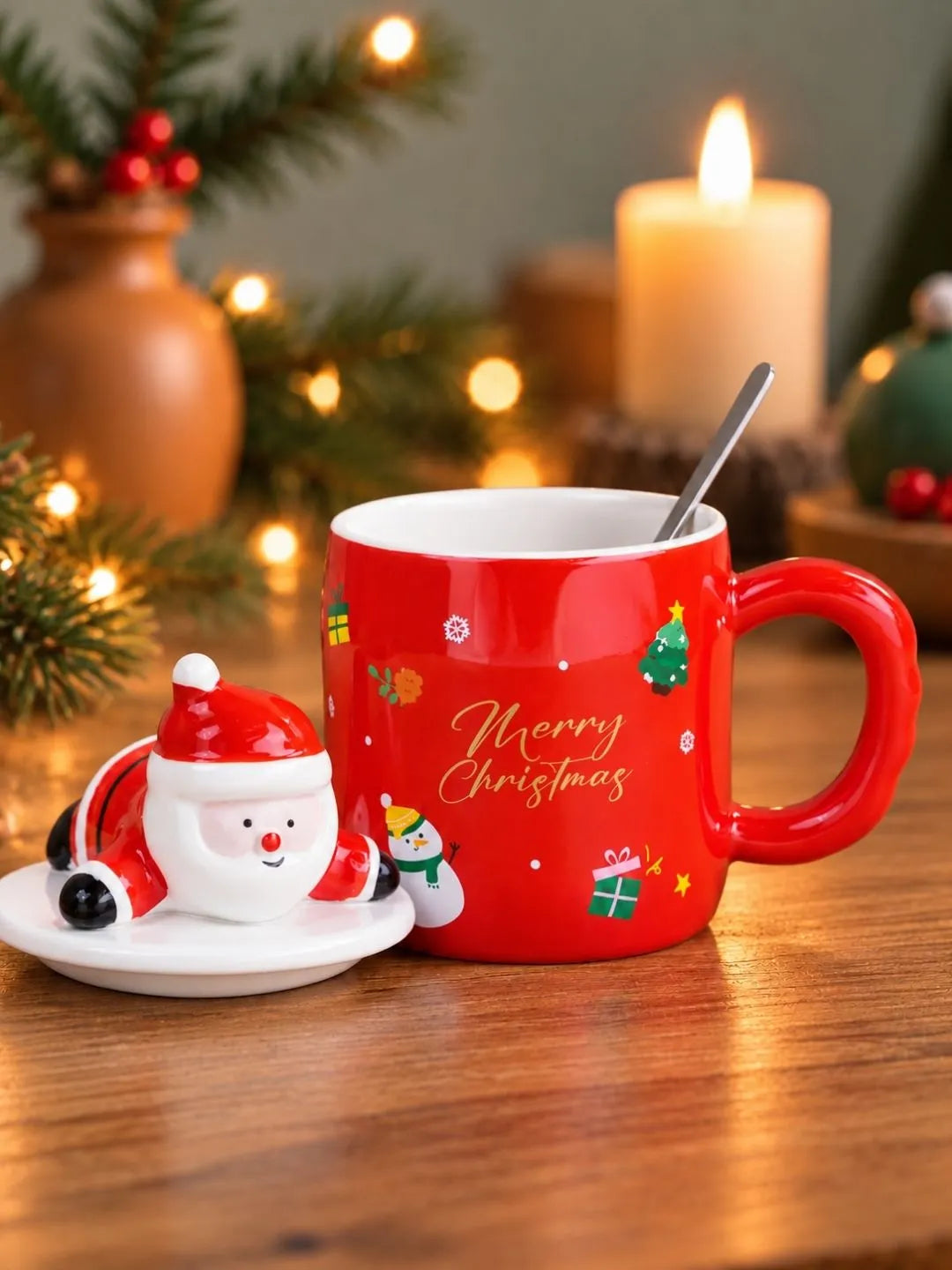 Merry Christmas Ceramic Hot Chocolate and Coffee Christmas Mug with 3D Lying Santa Lid & Spoon