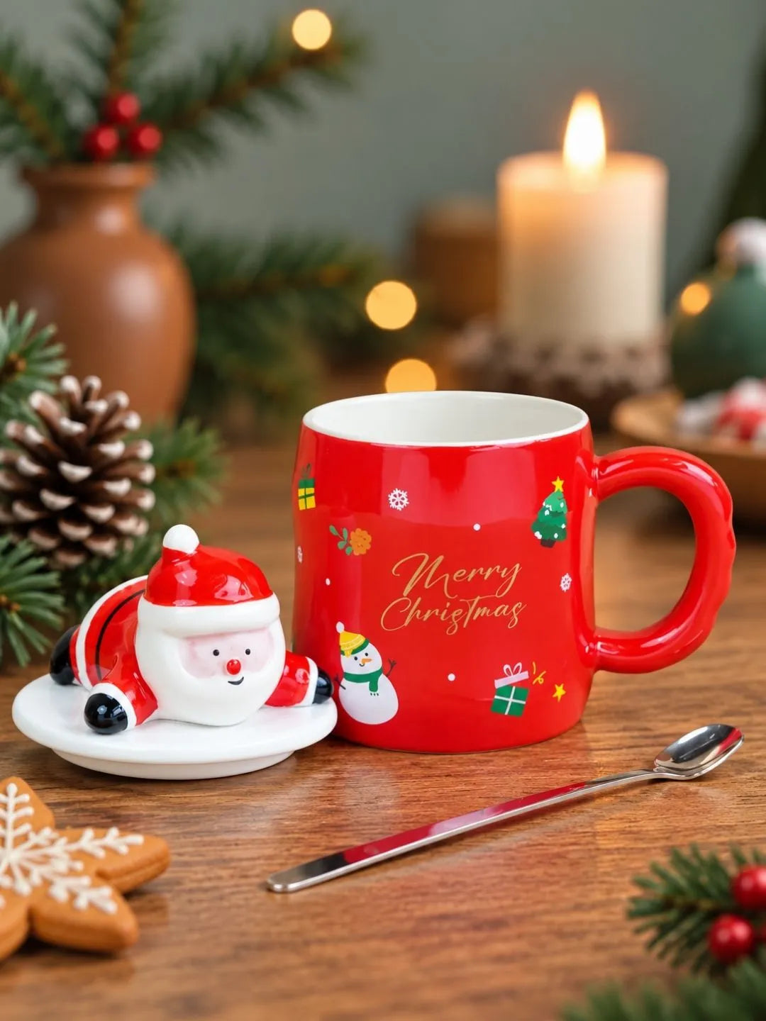 Merry Christmas Ceramic Hot Chocolate and Coffee Christmas Mug with 3D Lying Santa Lid & Spoon