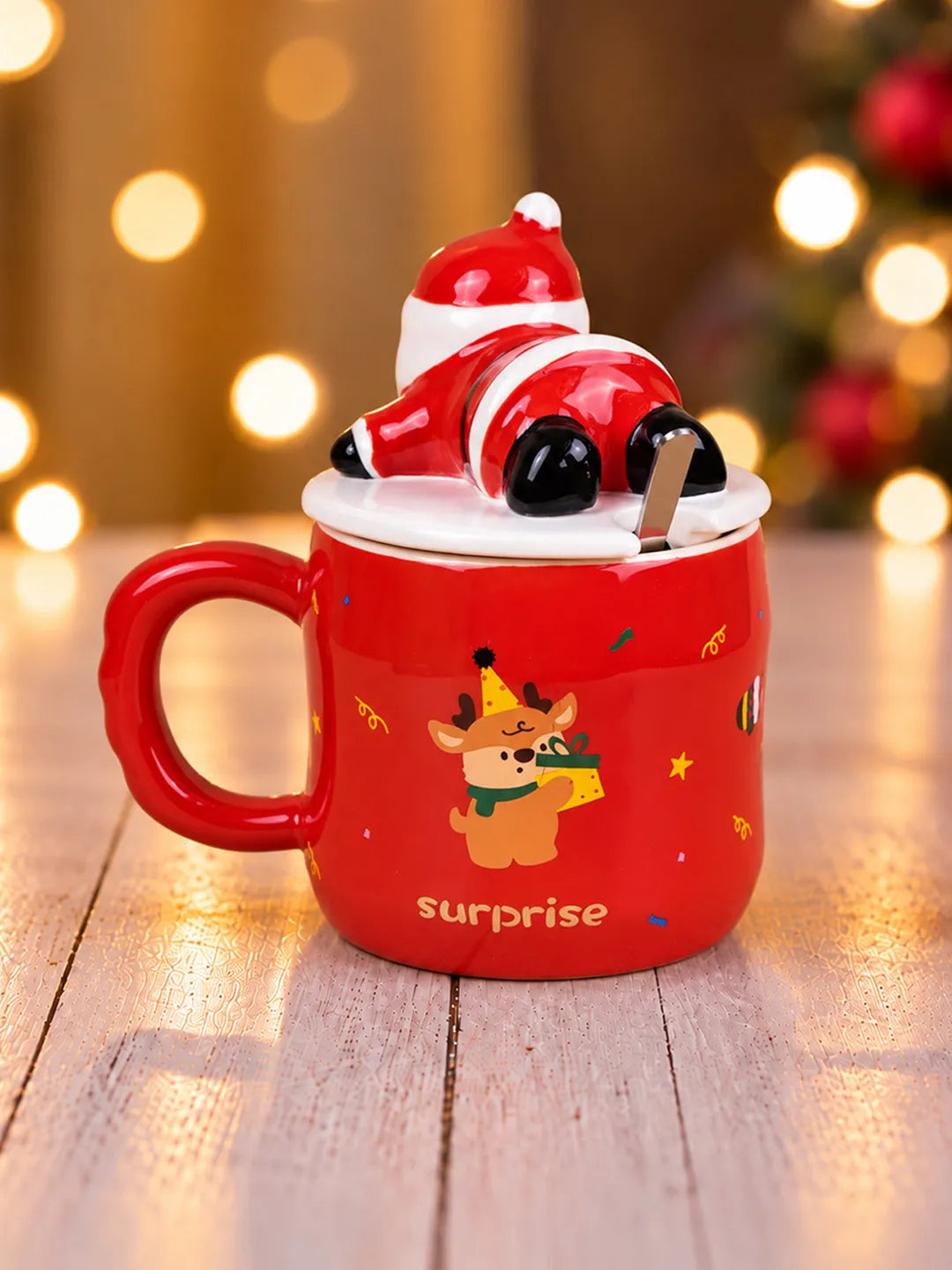 Santa & Reindeer Ceramic Hot Chocolate and Coffee Christmas Mug with 3D Lying Santa Lid & Spoon