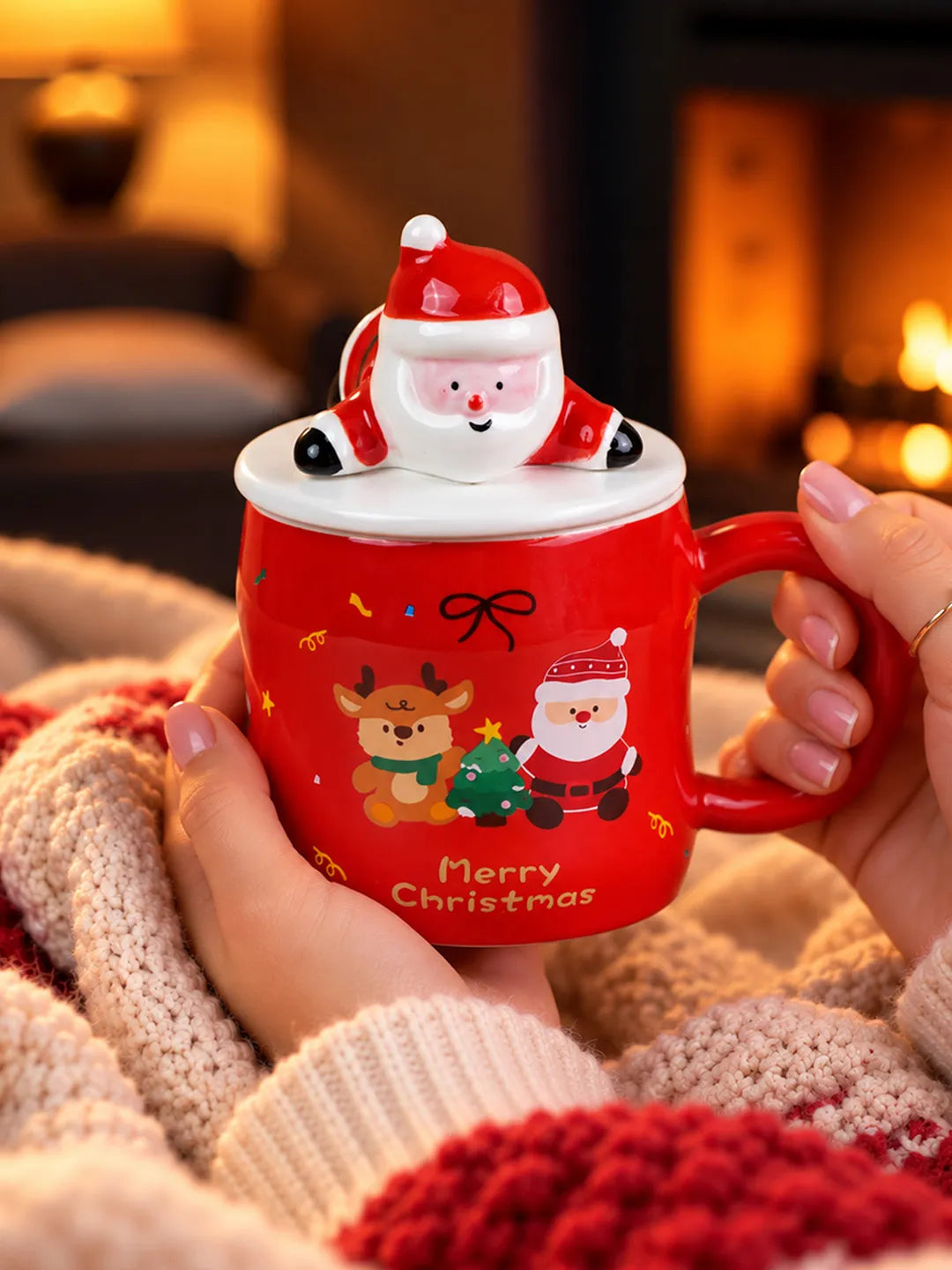 Santa & Reindeer Ceramic Hot Chocolate and Coffee Christmas Mug with 3D Lying Santa Lid & Spoon