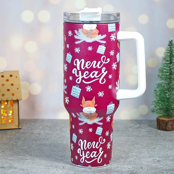 Maroon New year Christmas themed vacum insulated stainless steel Tumbler with lid and straw, 1 litre