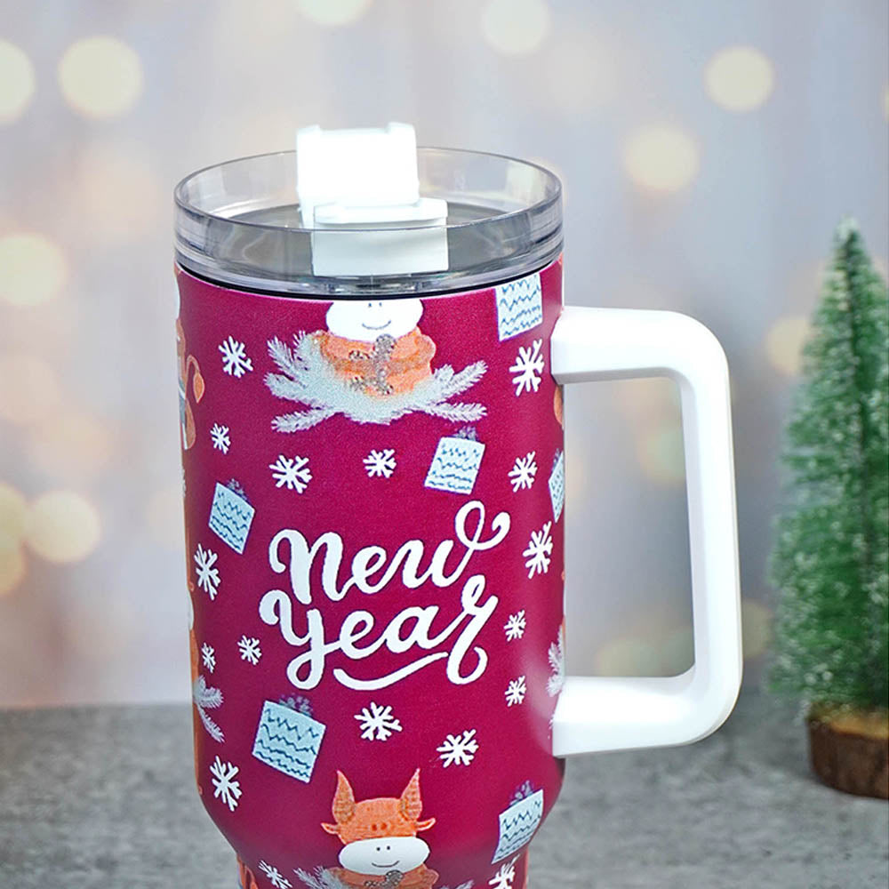 Maroon New year Christmas themed vacum insulated stainless steel Tumbler with lid and straw, 1 litre