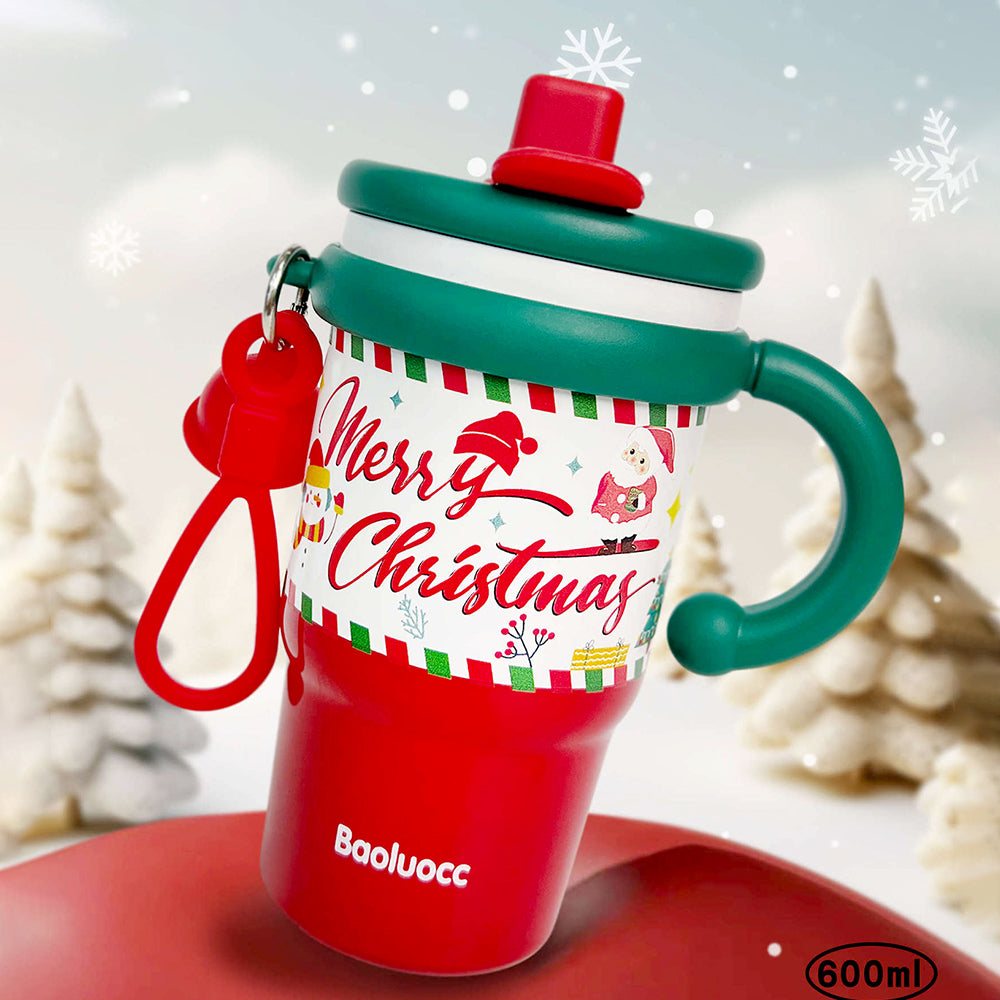 Merry Christmas Stainless Steel Water and Coffee Tumbler for Kids and Adults, 600ml with a free cleaning brush
