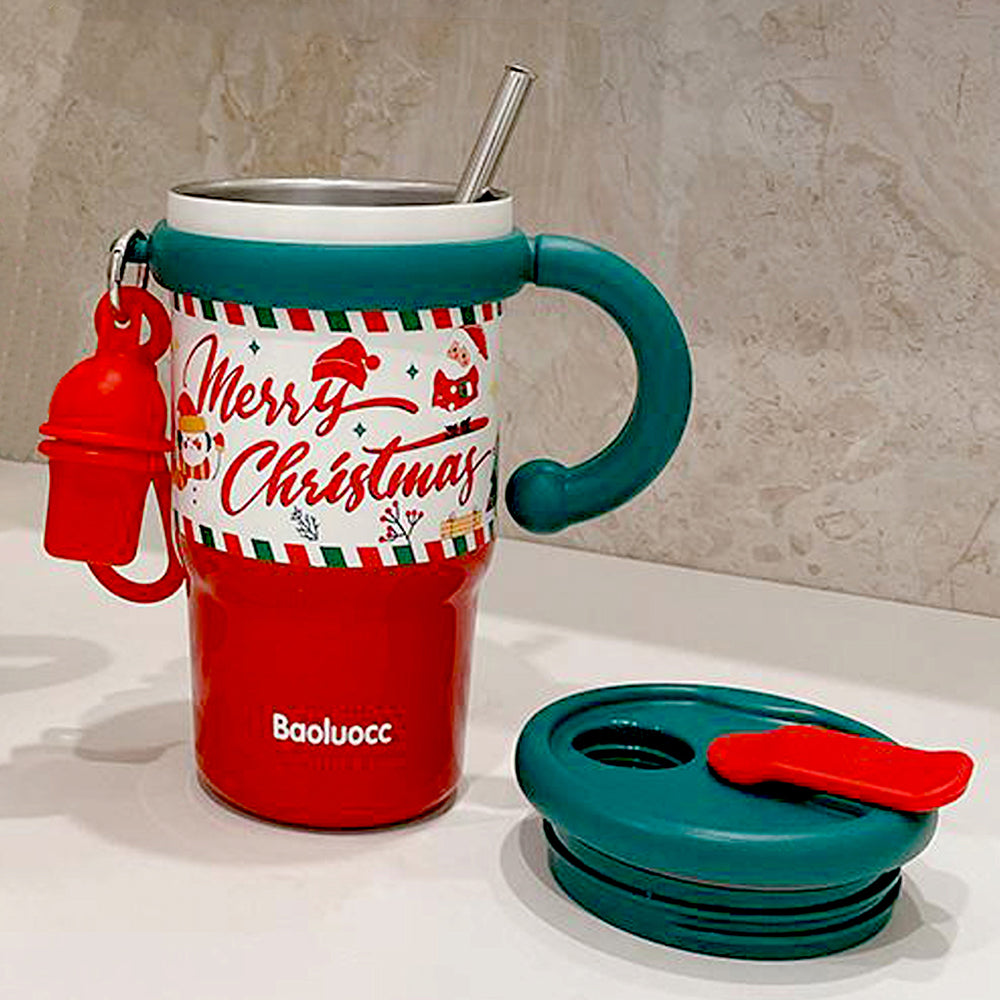 Merry Christmas Stainless Steel Water and Coffee Tumbler for Kids and Adults, 600ml with a free cleaning brush