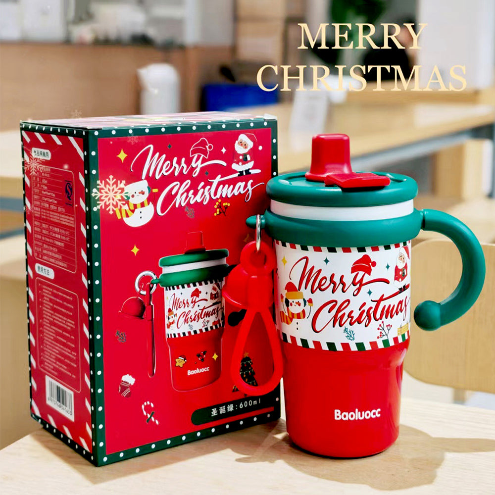 Merry Christmas Stainless Steel Water and Coffee Tumbler for Kids and Adults, 600ml with a free cleaning brush