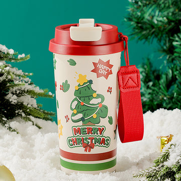 Merry Christmas Tree, xmas themed, stainless steel Coffee/Water Tumbler Bottle, 500ml with free cleaning brush