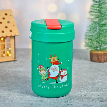 Mini Green bottle with Red sipper Lid christmas themed Stainless Steel sipper water bottle for Toddlers & Kids, 400ml