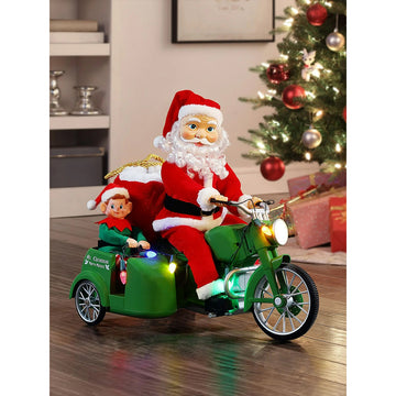 Santa Motorcycle with Elf in Sidecar Light,music and motion Christmas Home décor