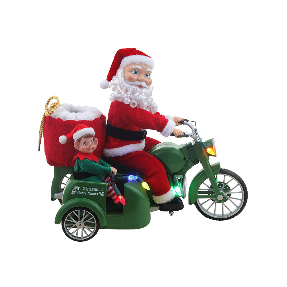 Santa Motorcycle with Elf in Sidecar Light,music and motion Christmas Home décor