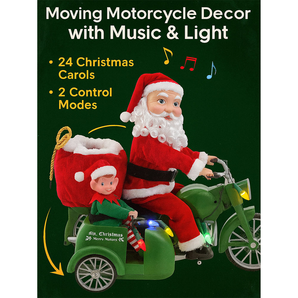 Santa Motorcycle with Elf in Sidecar Light,music and motion Christmas Home décor