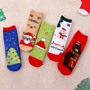 Multicolor Christmas Ankle Length Socks For Kids-Set Of 5 Pcs
