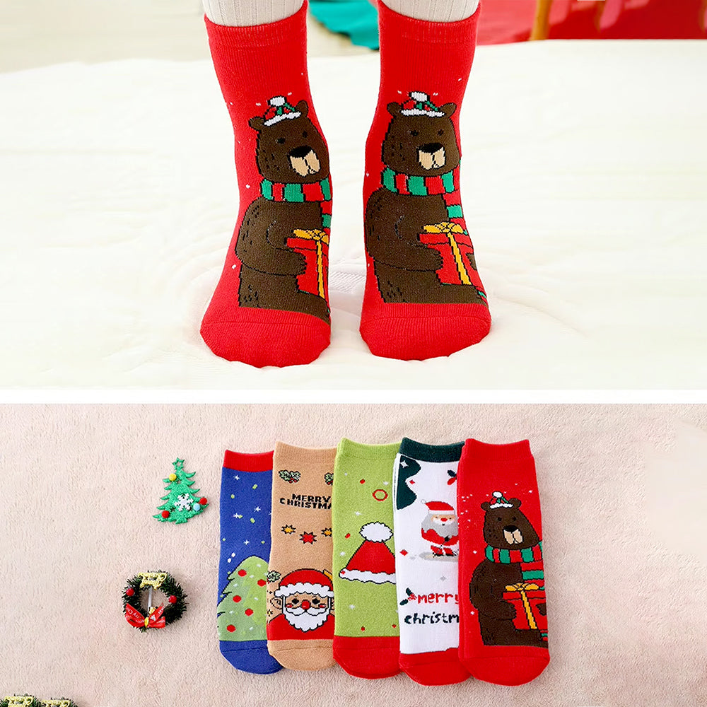 Multicolor Christmas Ankle Length Socks For Kids-Set Of 5 Pcs