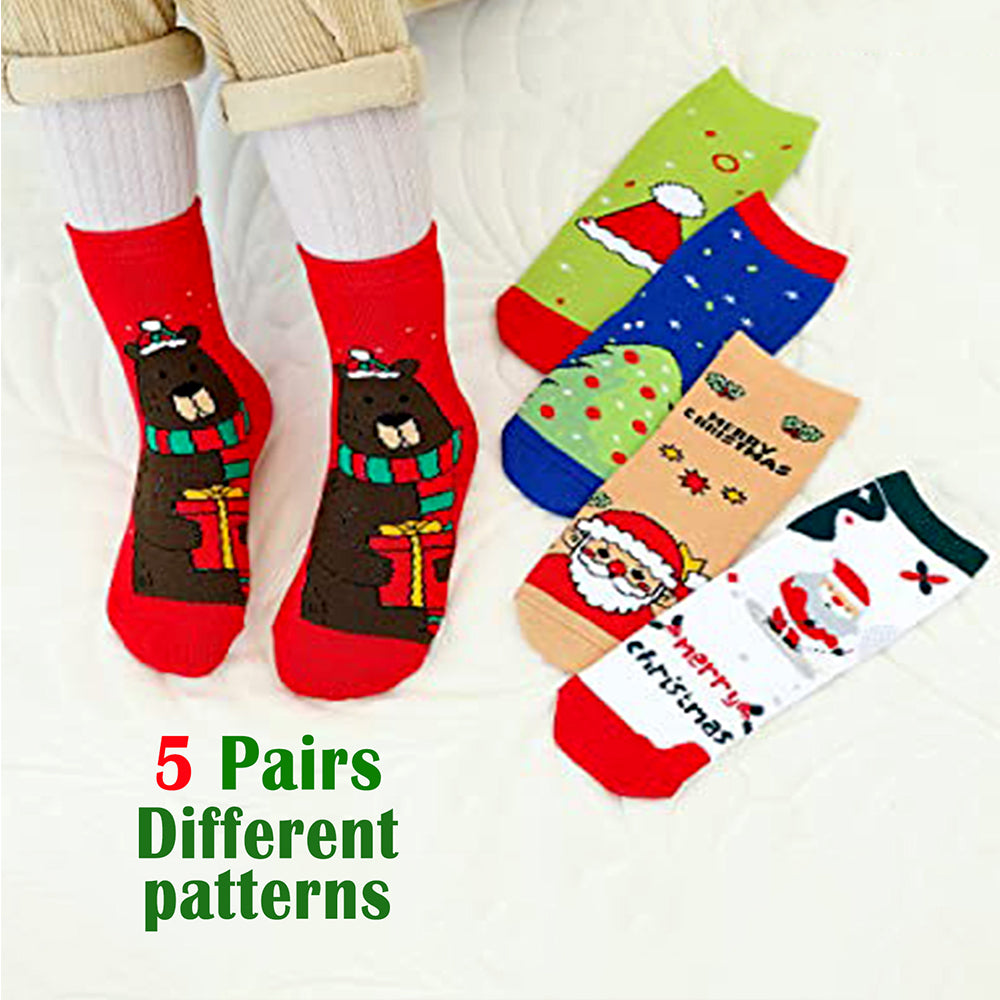 Multicolor Christmas Ankle Length Socks For Kids-Set Of 5 Pcs