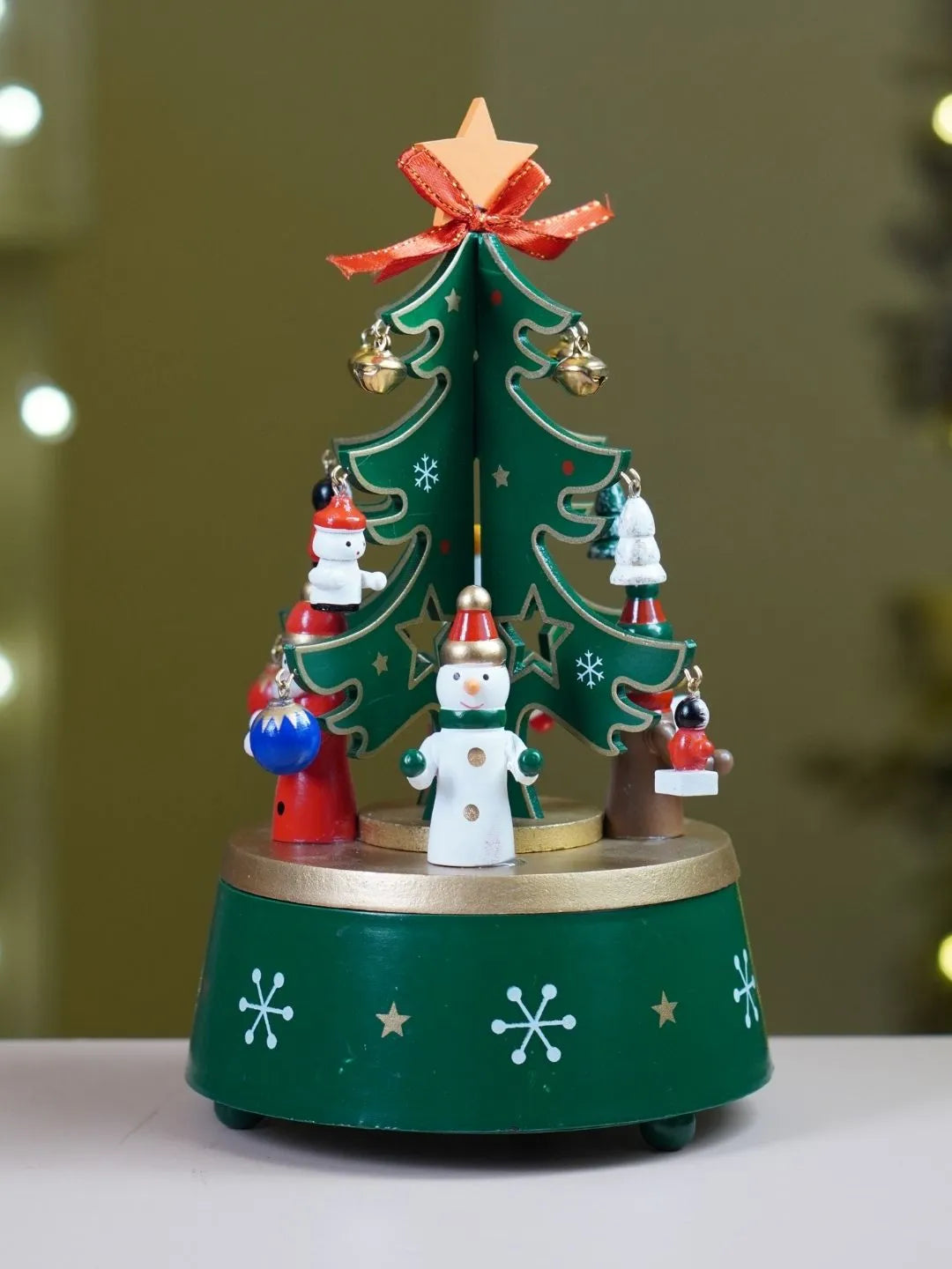 Musical Rotating Green Wooden Christmas Tree with Mini Figurines & Hanging Ornaments